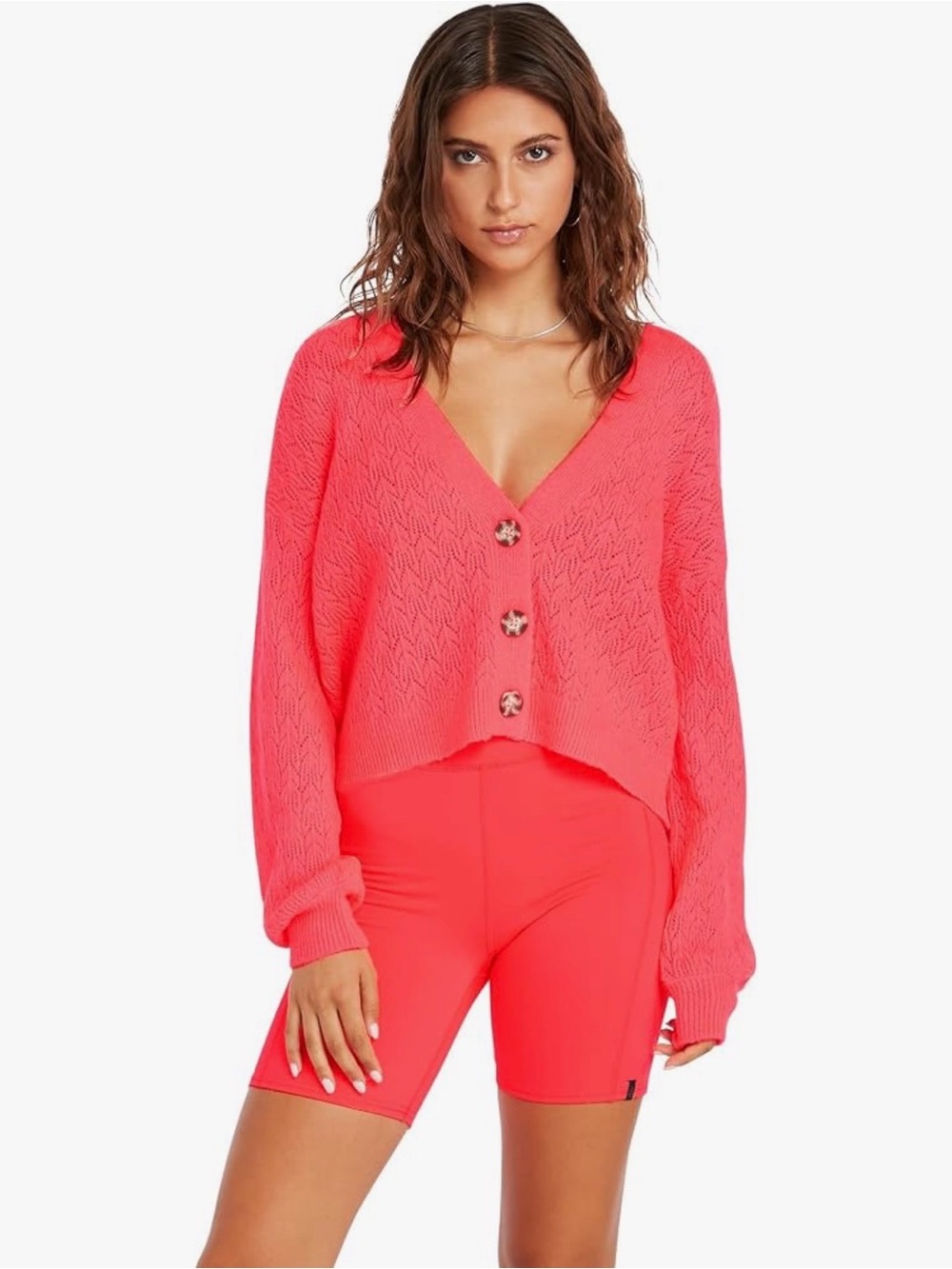 VOLCOM Wool Blend Cardigan Beach Sweater Juniors' M(8) Electric Coral V-Neck